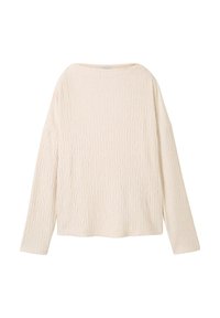 Pull crème à manches longues avec un motif en diamants texturé, encolure large et coupe décontractée. Tissu doux avec épaules tombantes et ourlet côtelé.