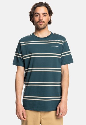 Teal short-sleeve t-shirt with horizontal cream stripes and a crew neck. Features logo on the left chest area. Cotton blend material.