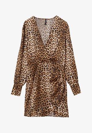 Leopardenmuster Kleid aus weichem Stoff, mit tiefem V-Ausschnitt, langen Ärmeln und einem gerafften Bund für eine schmeichelhafte Silhouette.