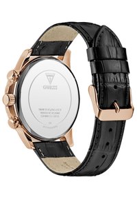 Brassard de montre en cuir noir avec texture crocodile, boîtier en acier inoxydable doré et fond poli argenté. Comprend des boutons de chronographe et une boucle à goupille.