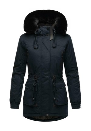 Navy blue parka jacket with a faux fur hood, drawstring waist, two front pockets, and elastic cuffs. Smooth texture, functional design.