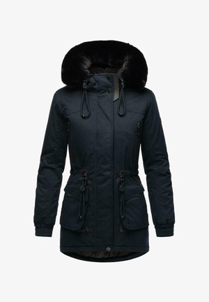 Parka bleue marine avec une capuche en fausse fourrure, taille ajustable par cordon de serrage, deux poches avant et poignets élastiques. Texture lisse, design fonctionnel.