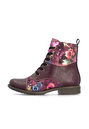 Purple leather ankle boot with multicolored floral fabric panels, black laces, and a low stacked heel.