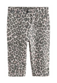 Shorts à imprimé léopard en tissu léger, avec un waistband élastique et une fermeture à bouton. Les couleurs incluent beige, gris et noir.