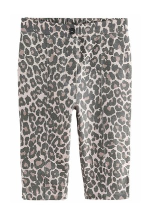 Šortky s leopardím potiskem vyrobené z lehké látky, s elastickým pasem a knoflíkovým zapínáním. Barvy zahrnují béžovou, šedou a černou.