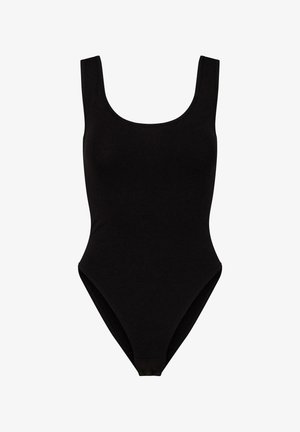 Fekete egyrészes fürdőruha, lekerekített nyakkivágással, széles pántokkal és magasra vágott oldalakkal. Puha anyagból készült, sima tapintással. Nincsenek minták vagy fémrészek.