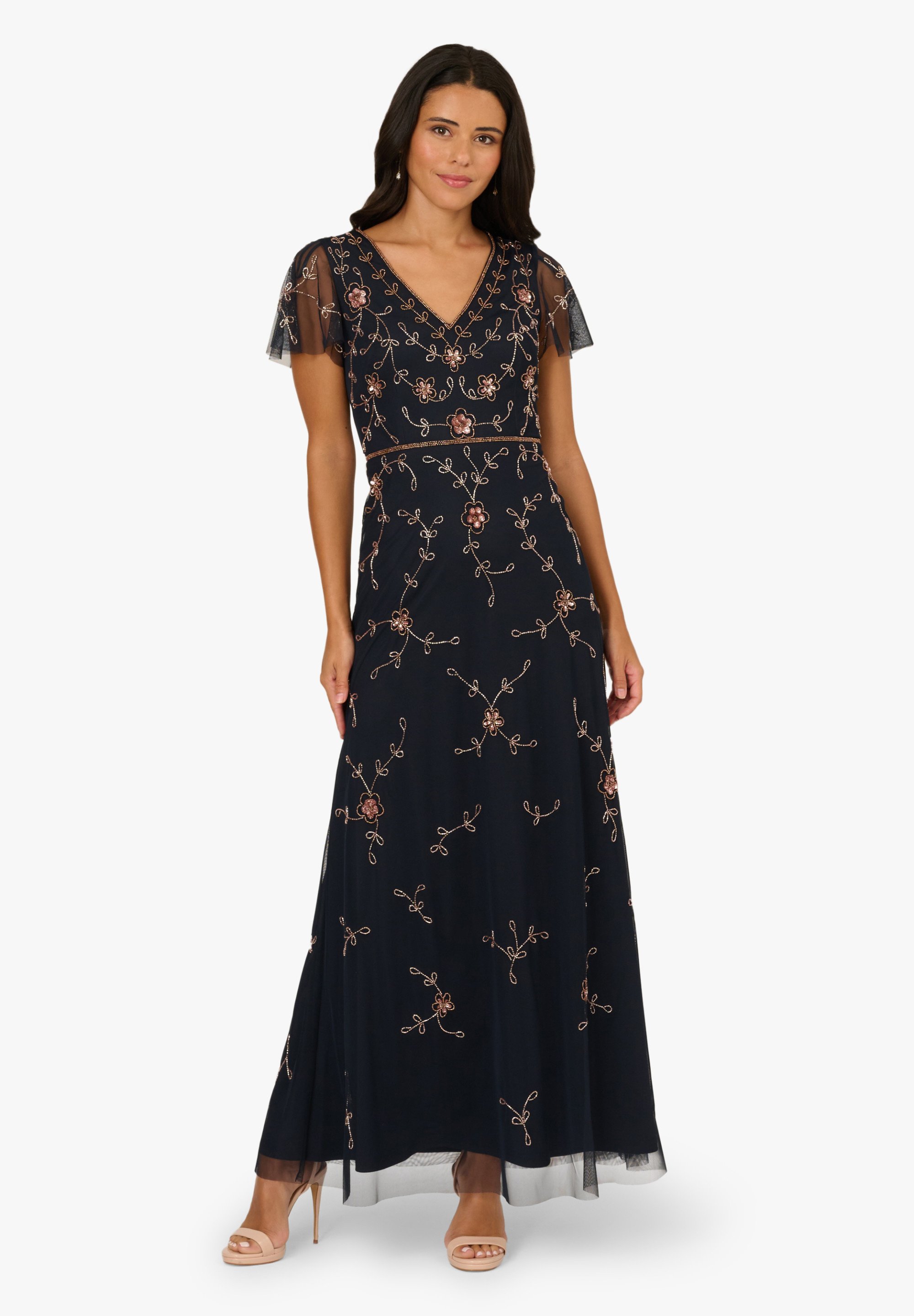Adrianna Papell SHORT SLEEVE FLORAL BEADED MERMAID - Ballkleid -  navy/rosegold/dunkelblau - Zalando