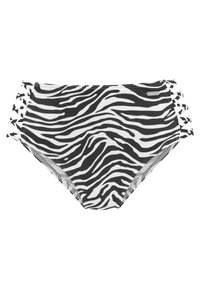 Hochgeschnittene Bikini-Unterteil in Schwarz-Weiß-Zebra-Print. Mit seitlichen Ausschnitten und Riemchen-Details sowie weichem, dehnbarem Stoff.