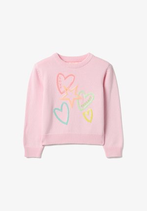 Rosa gestrickter Pullover mit langen Ärmeln, Rundhalsausschnitt und geripptem Saum. Mit bestickten Herzen in Pastellfarben und dem Wort "LOVE" in Rot.