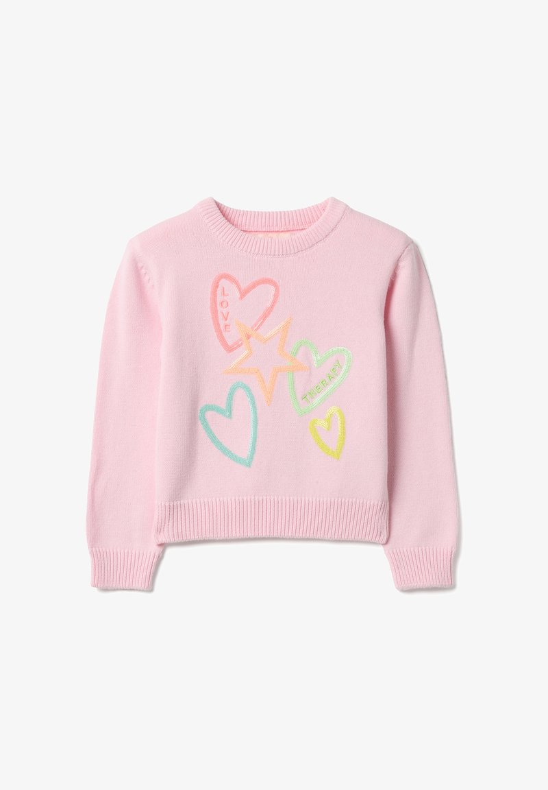 Rosa gestrickter Pullover mit langen Ärmeln, Rundhalsausschnitt und geripptem Saum. Mit bestickten Herzen in Pastellfarben und dem Wort "LOVE" in Rot.