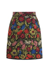 Rok met bloemenpatroon met een zwarte achtergrond en rode, roze, blauwe en groene bloemen. A-lijn ontwerp en gestructureerde stof.