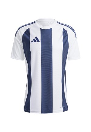 White sports jersey featuring navy vertical stripes, a crew neck, and three navy shoulder stripes; includes Adidas logo. Made from lightweight material.
