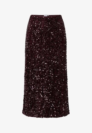 Burgundy paljettkjol med rak design, knälång, med en mjuk midja och tätt packade runda paljetter för textur.
