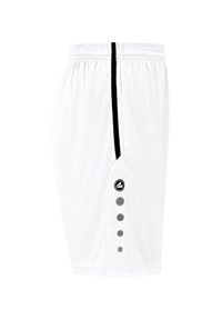 Weiße Sportshorts mit elastischem Bund und schwarzem Seitenstreifen. Mit einem Logo und fünf runden Akzenten an der unteren Seite.