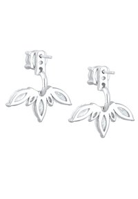 Silber Ohrringe mit floralem Design, die langgestreckte Blattformen und klare Edelsteindetails aufweisen. Die Oberfläche ist glatt und hat ein poliertes Finish.