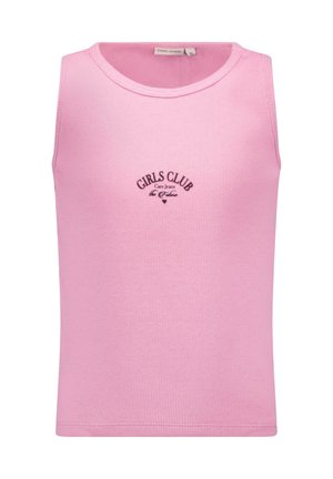 Roze geribd tanktop met een ronde hals en geborduurde zwarte tekst "GIRLS CLUB" in het midden aan de voorkant.