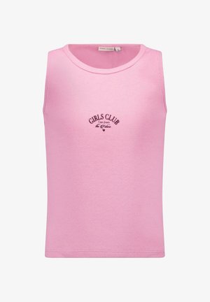 Roze geribd tanktop met een ronde hals en geborduurde zwarte tekst "GIRLS CLUB" in het midden aan de voorkant.