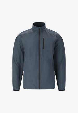 Lichte, donkergrijze windbreaker jas met een hoge kraag, voorrits en borstzak. Gladde, waterafstotende stof.