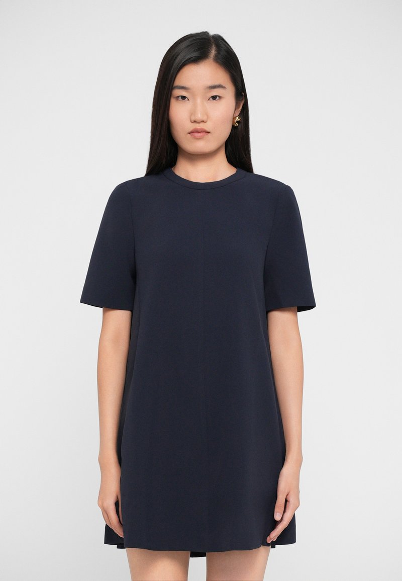 Navy blue short-sleeve dress with a round neckline, made from smooth fabric. Straight cut with no visible patterns or embellishments.