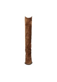 Braune Wildlederstiefel bis zum Knie mit runder Spitze, einem leicht schlaffen Design und einer flachen schwarzen Sohle. Nahtdetails an der Seite.
