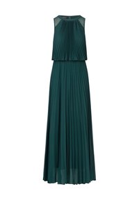 Tealfarbene, plissierte Maxikleid mit ärmellosem, geschichtetem Oberteil und durchsichtigen Mesh-Details, ausgestattet mit einem runden Ausschnitt und einem Reißverschluss auf der Rückseite.