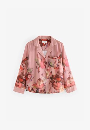 Pink satin shirt with floral design, featuring a notched collar, long sleeves, and a pocket. Soft texture with a glossy finish.