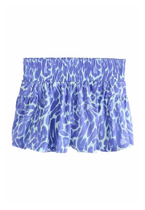 Svetlomodrá a purpurová mini sukňa so zvieracím vzorom, so zbiehajúcim sa elastickým pásom a prúdiacou látkou.