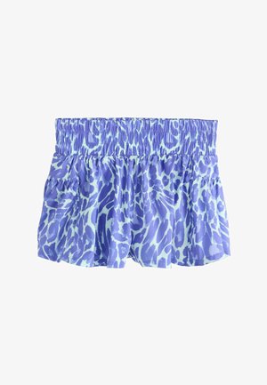 Fustă mini cu imprimeu animal bleu deschis și mov, cu talie elastică strânsă și material fluid.