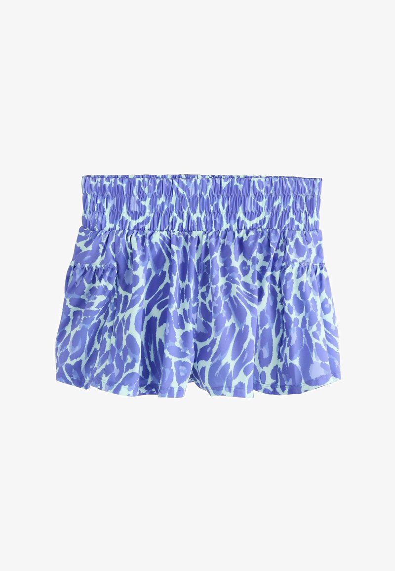 Jupe mini à imprimé animalier bleu clair et violet avec une taille élastique froncée et un tissu fluide.