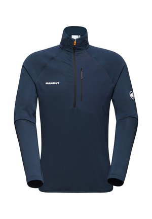 Navy blue Mammut pullover with high collar, half zip, and front pocket. Features textured fabric and contrasting panel on the chest.