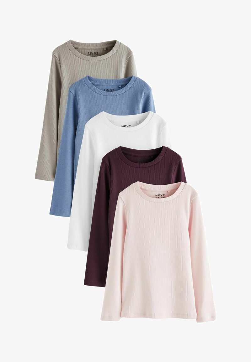 Five long-sleeve ribbed tops displayed in light brown, blue, white, dark burgundy, and light pink colors with round necklines.