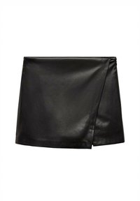 Black leather mini skirt with a wrap design, featuring a smooth texture and minimalistic style. No visible hardware or patterns.