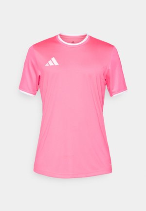 Pink athletic t-shirt with a crew neck, white trim on sleeves and collar, and three white stripes logo on the left chest. Short sleeves.