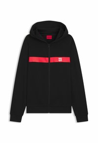 Felpa nera con zip e striscia orizzontale rossa sul petto, con il logo "HUGO" in bianco. Tessuto morbido, design con cappuccio.