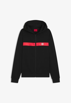 Black zip-up hoodie with a red horizontal stripe across the chest, featuring the "HUGO" logo in white. Soft fabric, hooded design.