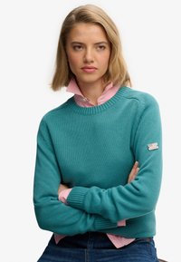 Kvinde med blondt hår iført en grønblå strikket sweater over en lyserød skjorte med krave, armene krydsede, siddende mod en ensfarvet lys baggrund.