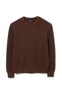 Brauner gerippter Pullover aus strukturiertem Strickmaterial. Verfügt über einen runden Halsausschnitt und lange Ärmel mit gerippten Bündchen und Saum.