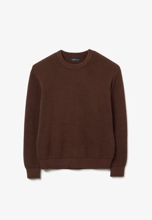 Pull marron à côtes en matériau tricoté texturé. Dispose d'un col rond et de manches longues avec des poignets et un ourlet côtelés.