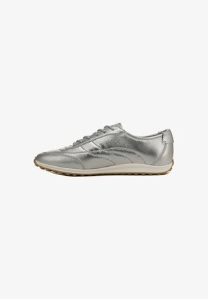 Silver leather athletic shoe with a smooth texture, rounded toe, six eyelets for laces, and a rubber sole with a gripping pattern.