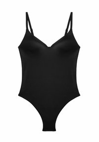 Svart bodysuit med tunna justerbara axelband, djup V-ringning, slät textur och en figurnära design som smalnar av mot en högskuren botten.