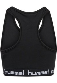 Svart sportbh tillverkad av elastisk tyg med racerback-design. Har ett brett elastiskt band med "hummel"-logotypen nederst.