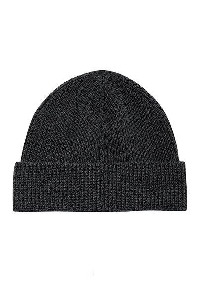 Gorro de lana negro tejido con una textura de canalé ajustada, con un puño doblado. Tela suave adecuada para calidez y comodidad.