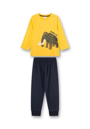 Gelbes Langarmshirt mit einem schwarzen Mammuth-Graphic und Text, kombiniert mit marineblauen elastischen Bundhosen. Hergestellt aus weichem Baumwollstoff.