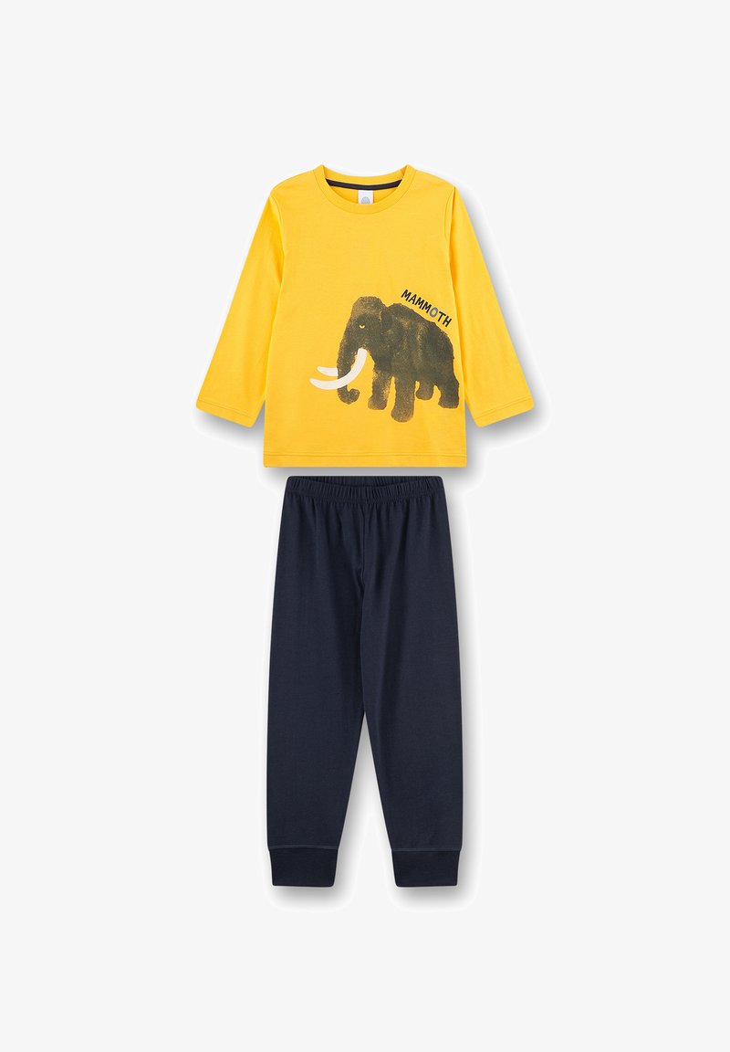 Yellow long-sleeve shirt with a black mammoth graphic and text, paired with navy blue elastic waist pants. Made from soft cotton fabric.