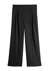 Zwart wijde broekspijpen broek gemaakt van een soepel stof, met voorplooien, een knoopsluiting en ceintuurlussen voor een verstelbare pasvorm.