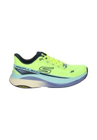 Chaussure de course Skechers Propulsion jaune vif et bleue avec intérieur noir, semelle intermédiaire "MAX Cushion" et semelle extérieure Goodyear, vue de côté.