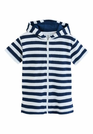 Krátky rukávový kapucňový overal s kapucňou a zipsom pre batoľa s námorníckymi modrými a bielymi horizontálnymi pásikmi.