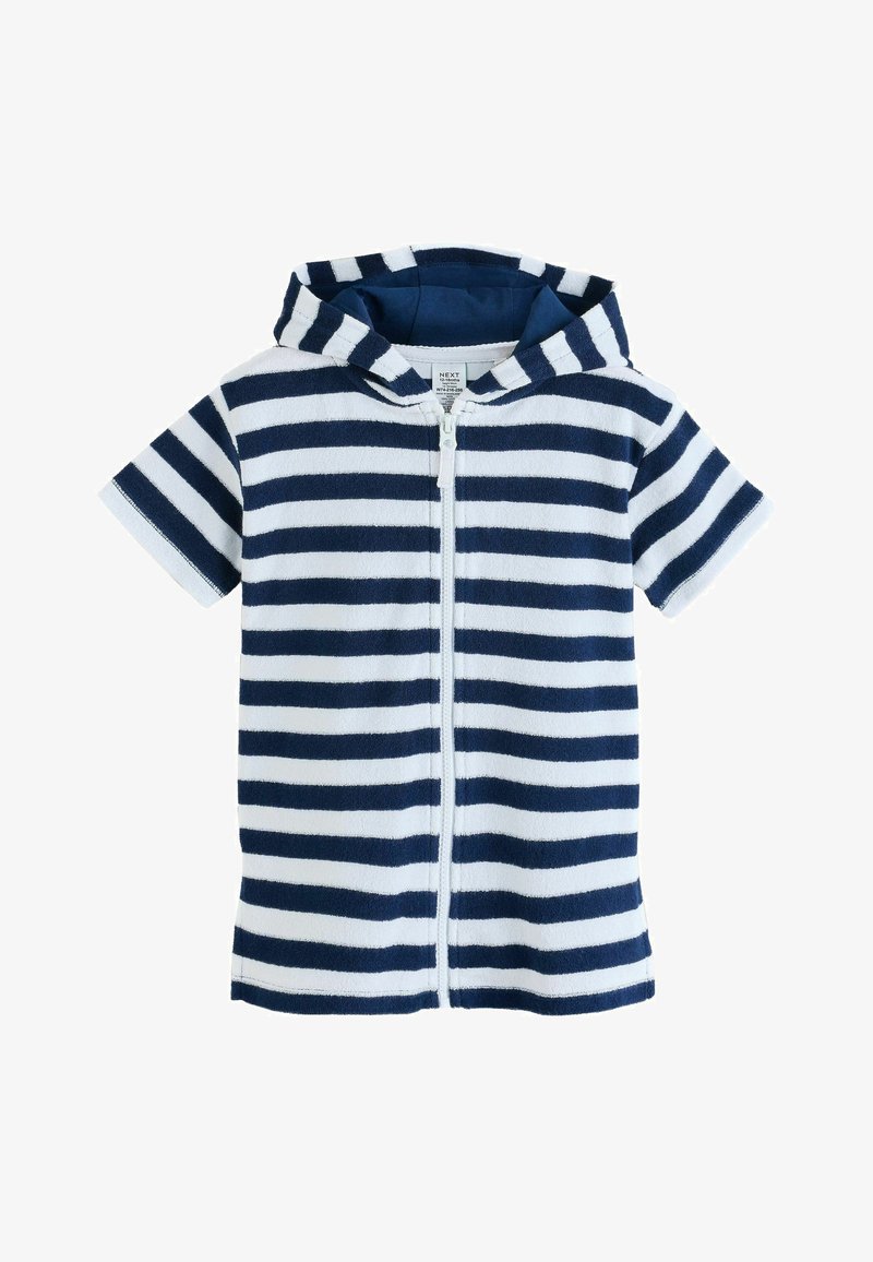 Krátky rukávový kapucňový overal s kapucňou a zipsom pre batoľa s námorníckymi modrými a bielymi horizontálnymi pásikmi.