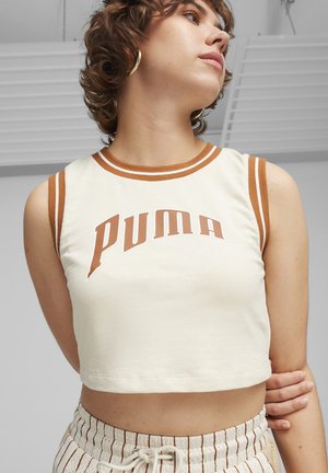 Top beige senza maniche, accorciato, con colletto a righe marroni e logo "PUMA" in lettere maiuscole, realizzato in materiale simile al cotone.