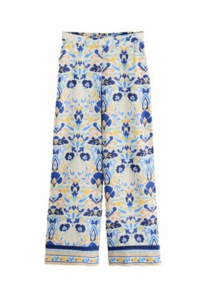 Wide-leg pants with blue, yellow, and beige floral and ornamental patterns, featuring a bordered hem with decorative stripes.